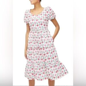 J. Crew Floral Tiered Midi Dress - Pink Tulip Print Puff-Sleeve - Size 4